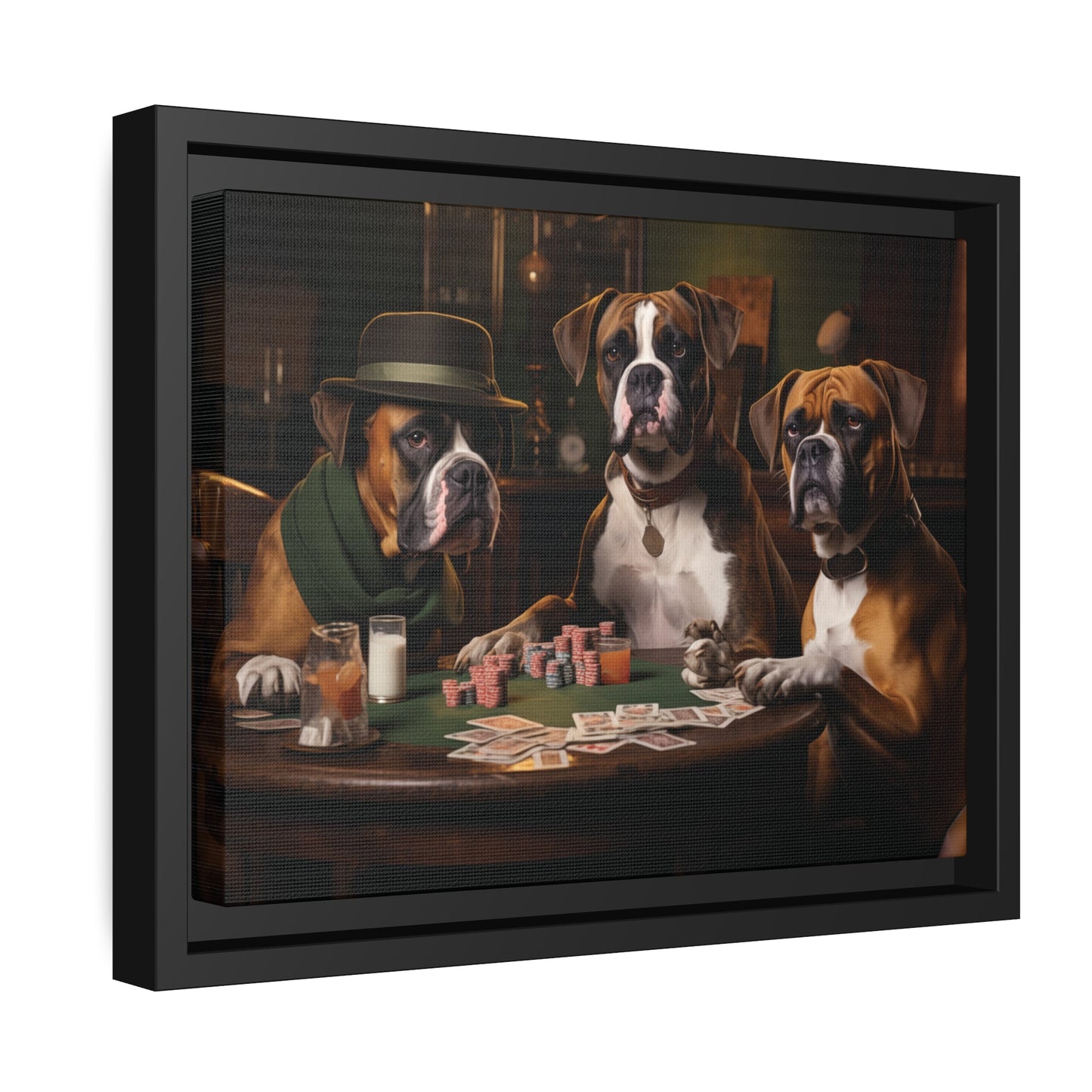 Matte Black Canvas Picture Frame of Boxer Dogs Playing Cards - Hobbster