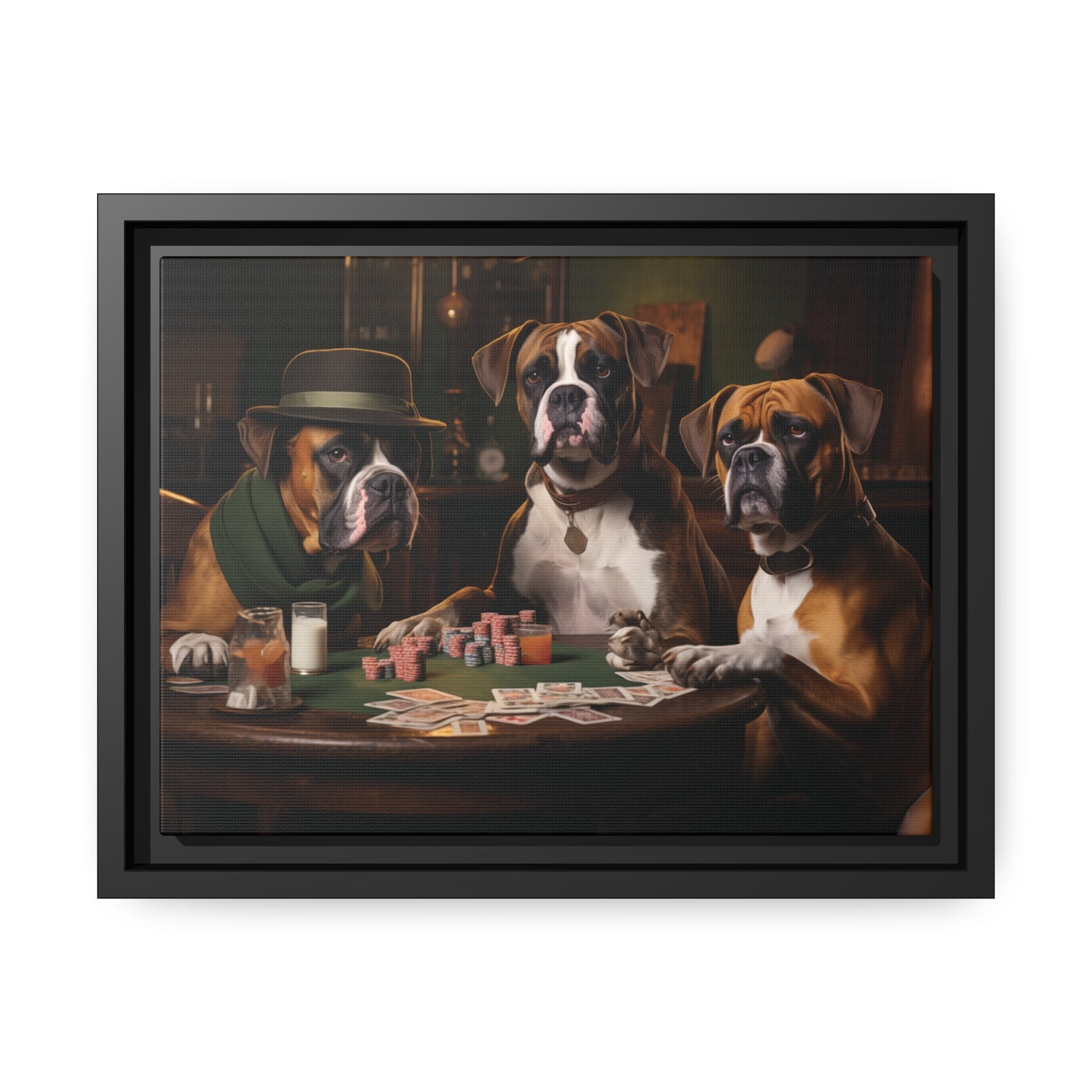 Matte Black Canvas Picture Frame of Boxer Dogs Playing Cards - Hobbster