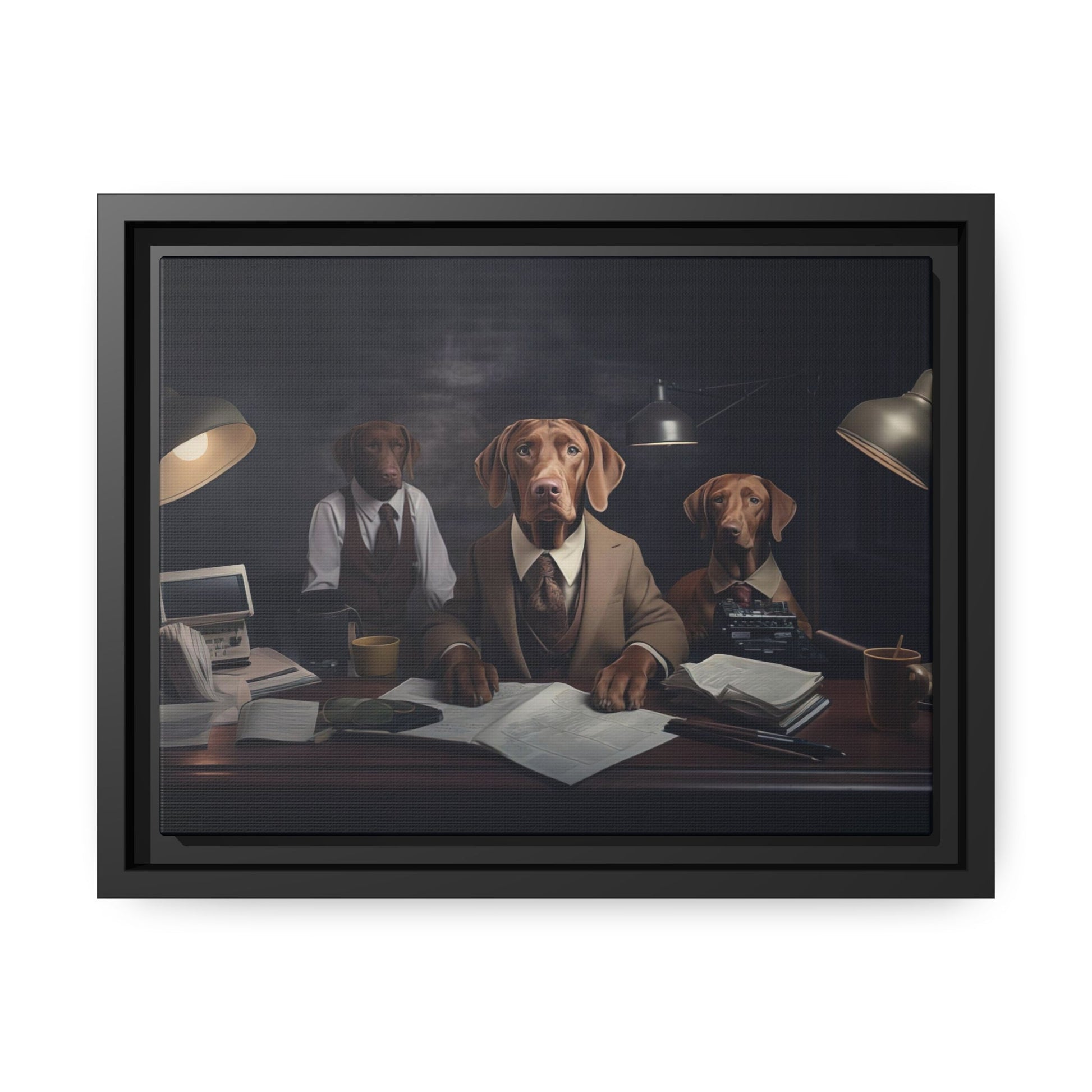 Matte Black Canvas Picture Frame of Hungarian Vizsla Dogs at Work - Hobbster