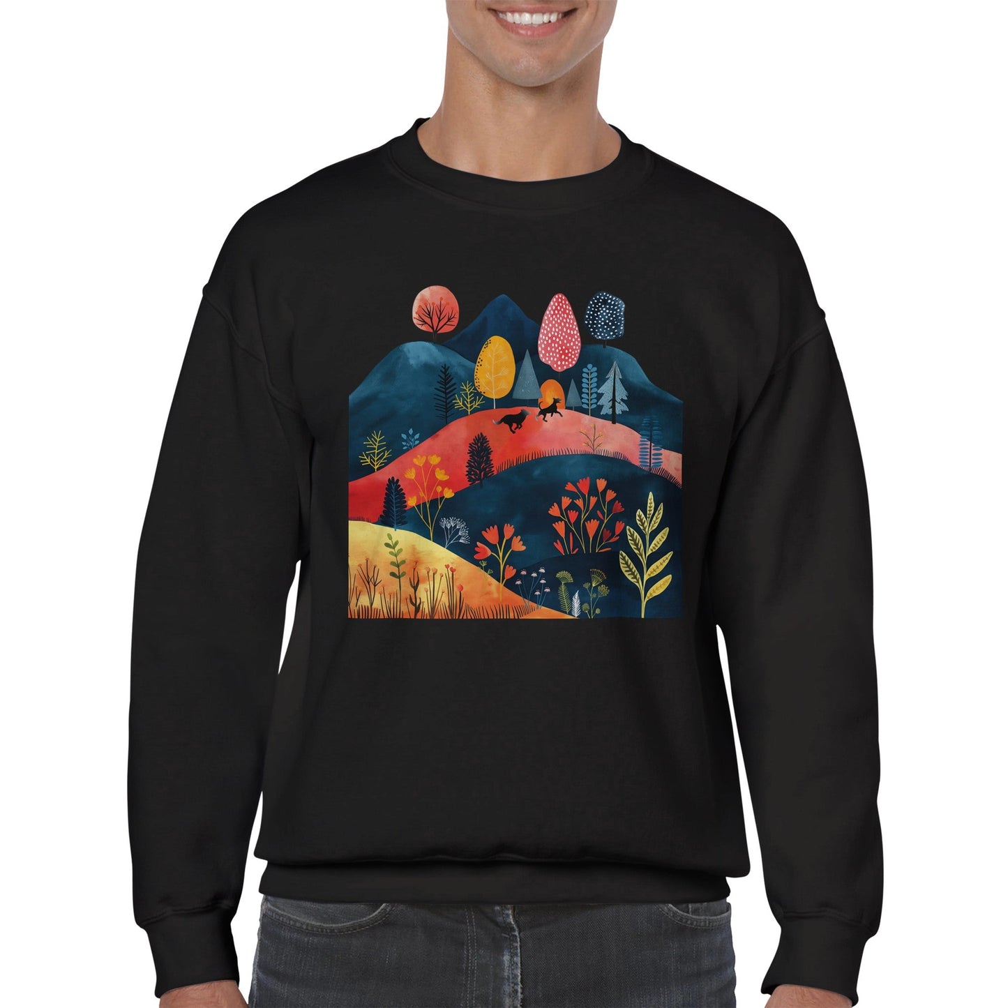 Men's Classic Crewneck Sweatshirt featuring Cottage Core Style Dogs Running Free Design - Hobbster