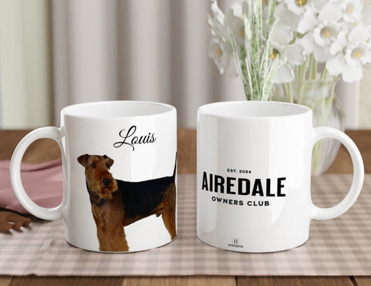 Personalised 11 0z Ceramic Mug | Add Your Own Photo To One Side, Fixed Airedale Owners Club On Other Side - Hobbster