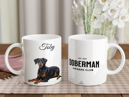 Personalised 11 0z Ceramic Mug | Add Your Own Photo To One Side, Fixed Doberman Owners Club On Other Side - Hobbster