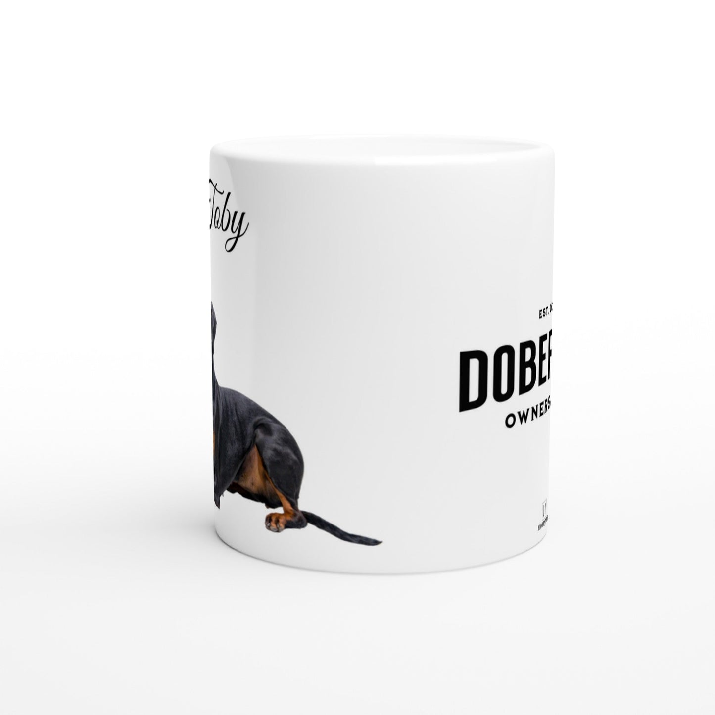 Personalised 11 0z Ceramic Mug | Add Your Own Photo To One Side, Fixed Doberman Owners Club On Other Side - Hobbster