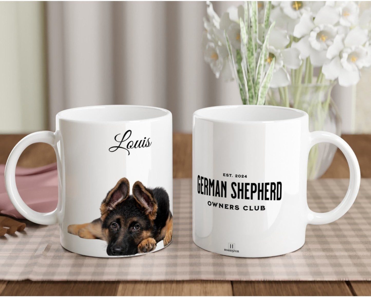 Personalised 11 0z Ceramic Mug | Add Your Own Photo To One Side, Fixed German Shepherd Owners Club On Other Side - Hobbster