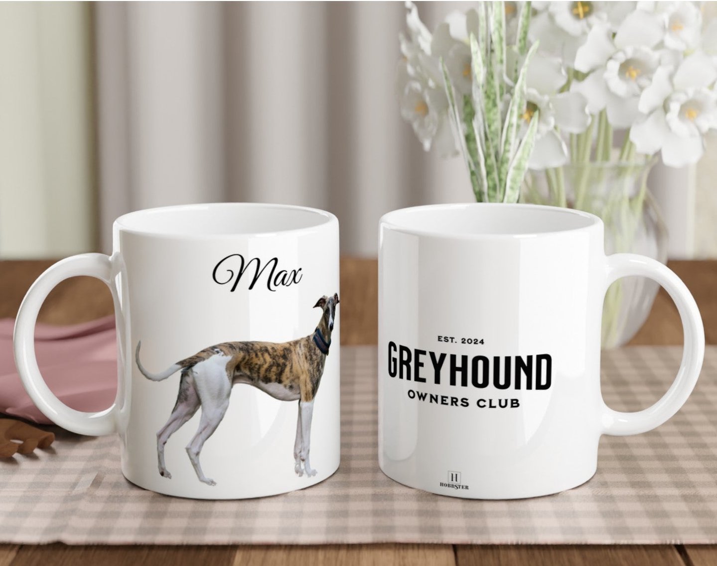 Personalised 11 0z Ceramic Mug | Add Your Own Photo To One Side, Fixed Greyhound Owners Club On Other Side - Hobbster