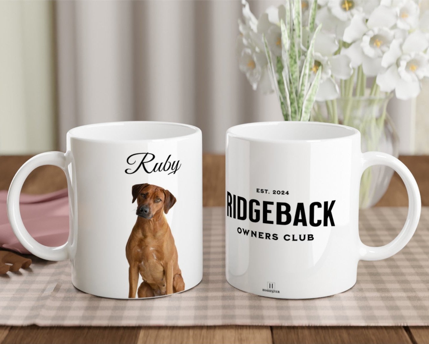 Personalised 11 0z Ceramic Mug | Add Your Own Photo To One Side, Fixed Rhodesian Ridgeback Owners Club On Other Side - Hobbster