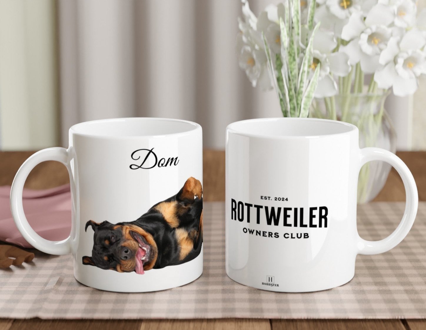 Personalised 11 0z Ceramic Mug | Add Your Own Photo To One Side, Fixed Rottweiler Owners Club On Other Side - Hobbster