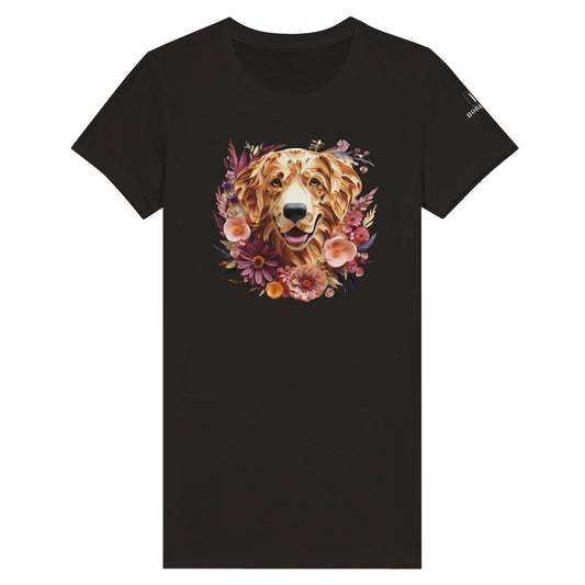 Premium Women's Crewneck T-shirt with a Golden Retriever Paper Quilling Design - Hobbster