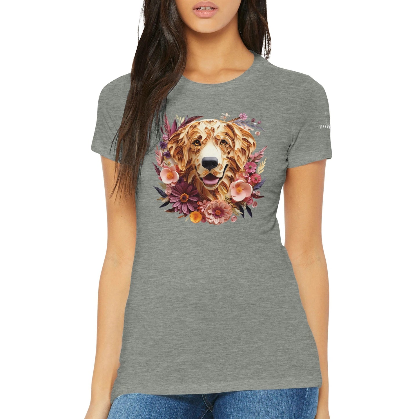 Premium Women's Crewneck T-shirt with a Golden Retriever Paper Quilling Design - Hobbster