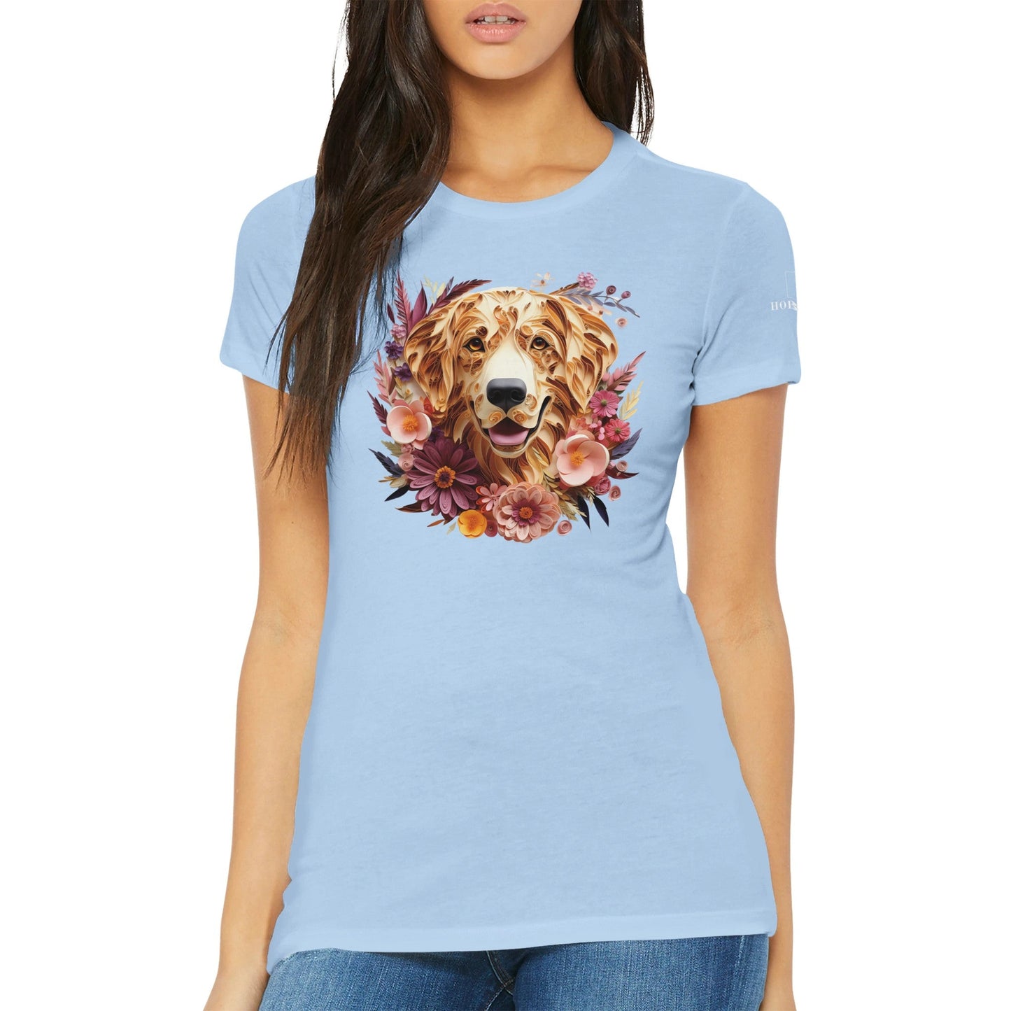 Premium Women's Crewneck T-shirt with a Golden Retriever Paper Quilling Design - Hobbster