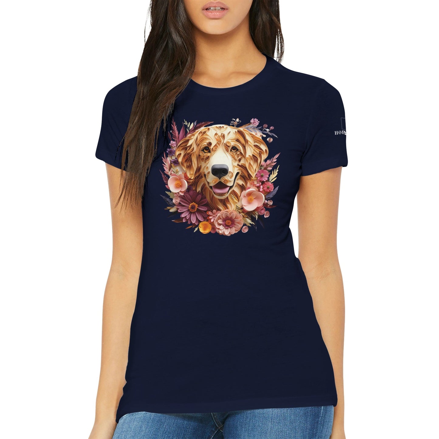 Premium Women's Crewneck T-shirt with a Golden Retriever Paper Quilling Design - Hobbster