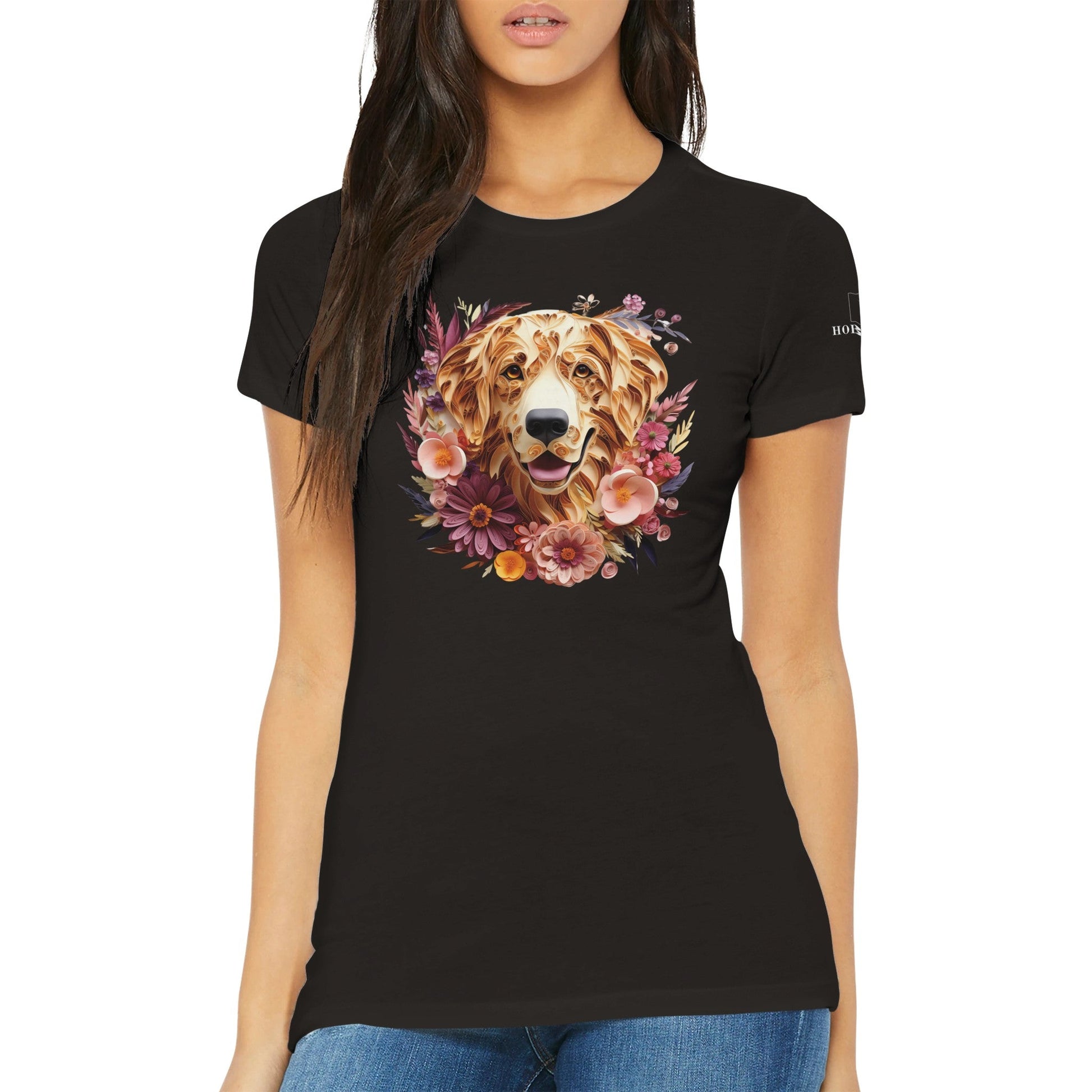 Premium Women's Crewneck T-shirt with a Golden Retriever Paper Quilling Design - Hobbster