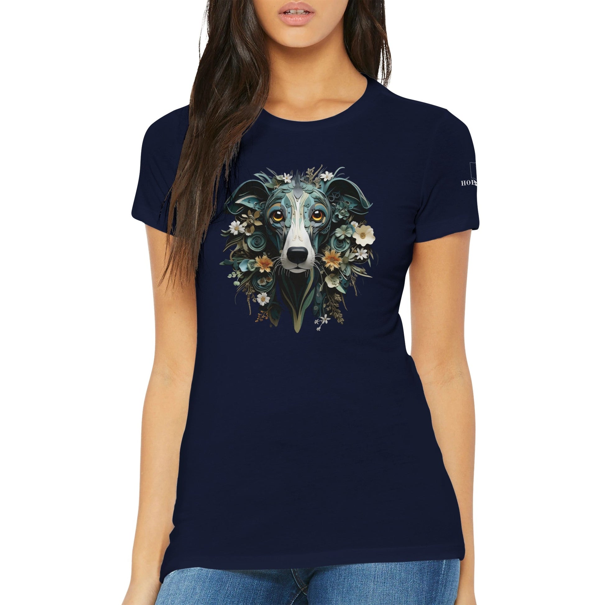 Premium Women's Crewneck T-shirt with a Greyhound Paper Quilling Design - Hobbster