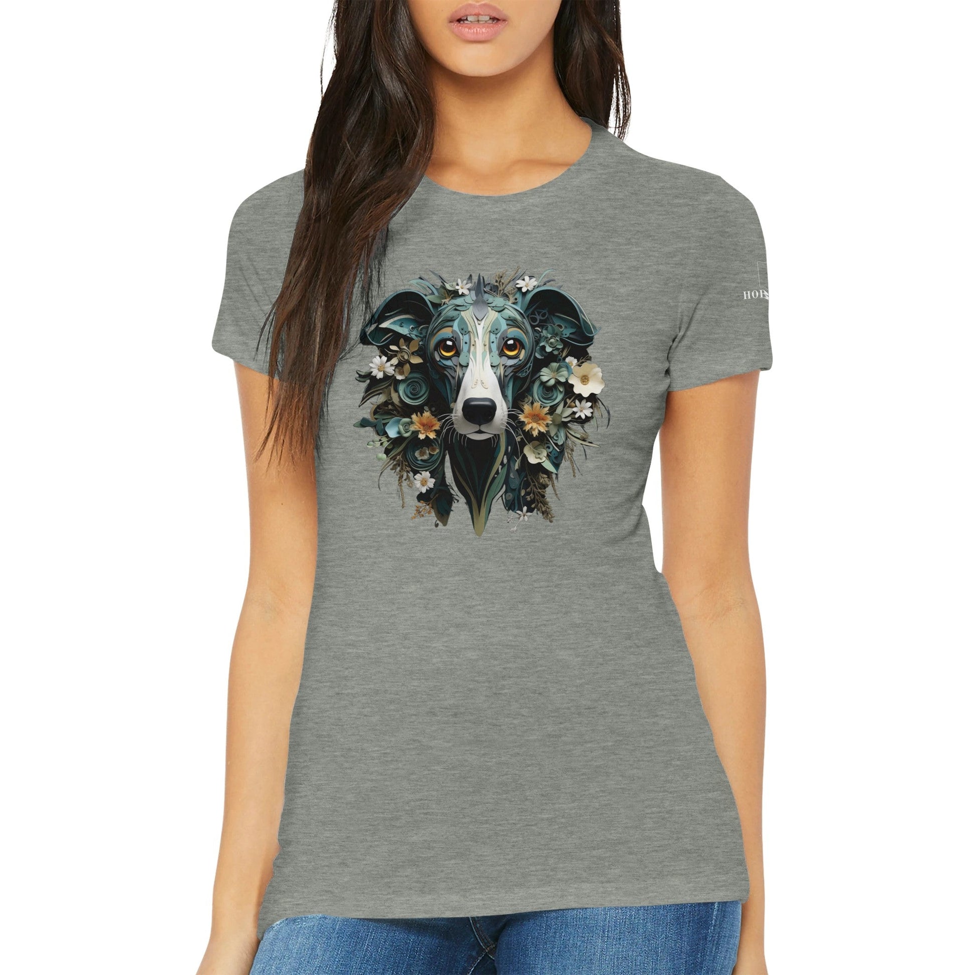 Premium Women's Crewneck T-shirt with a Greyhound Paper Quilling Design - Hobbster