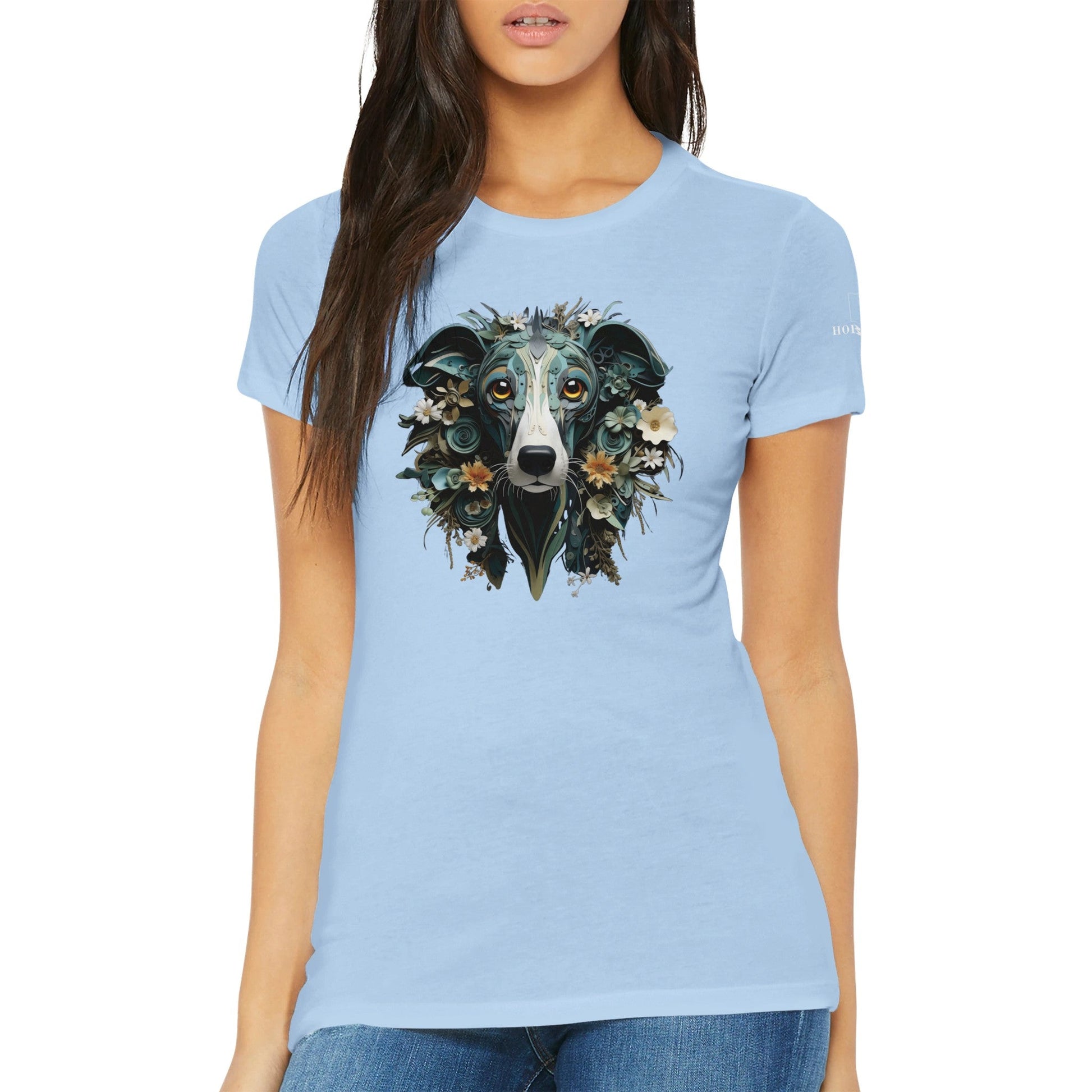 Premium Women's Crewneck T-shirt with a Greyhound Paper Quilling Design - Hobbster