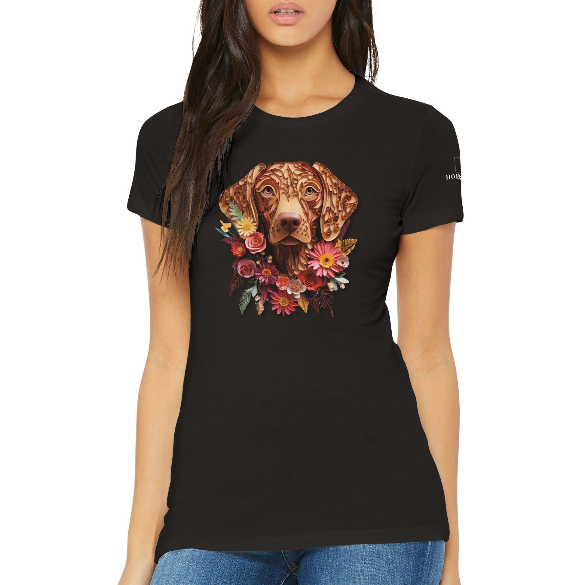 Premium Women's Crewneck T-shirt with a Vizsla Paper Quilling Design - Hobbster