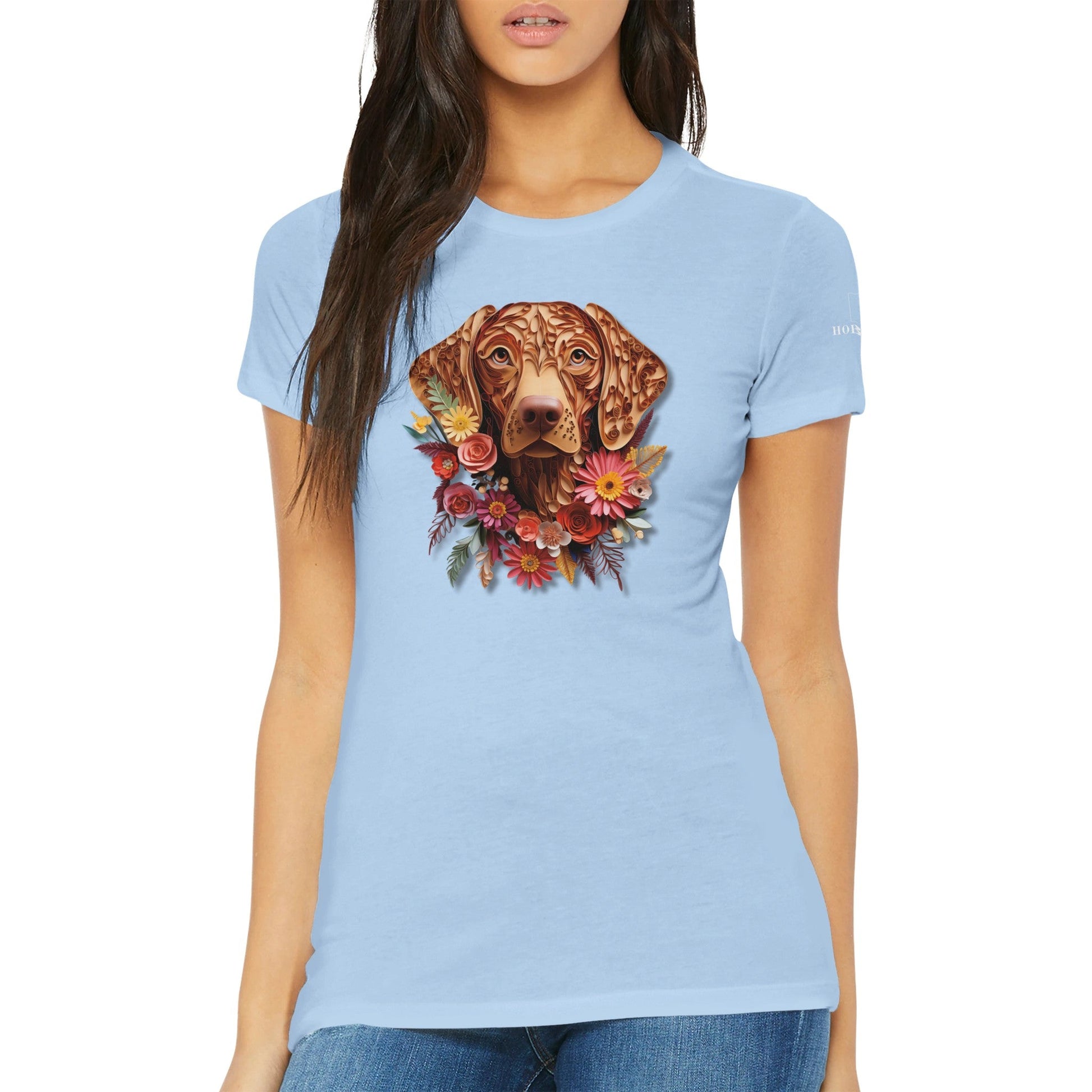 Premium Women's Crewneck T-shirt with a Vizsla Paper Quilling Design - Hobbster