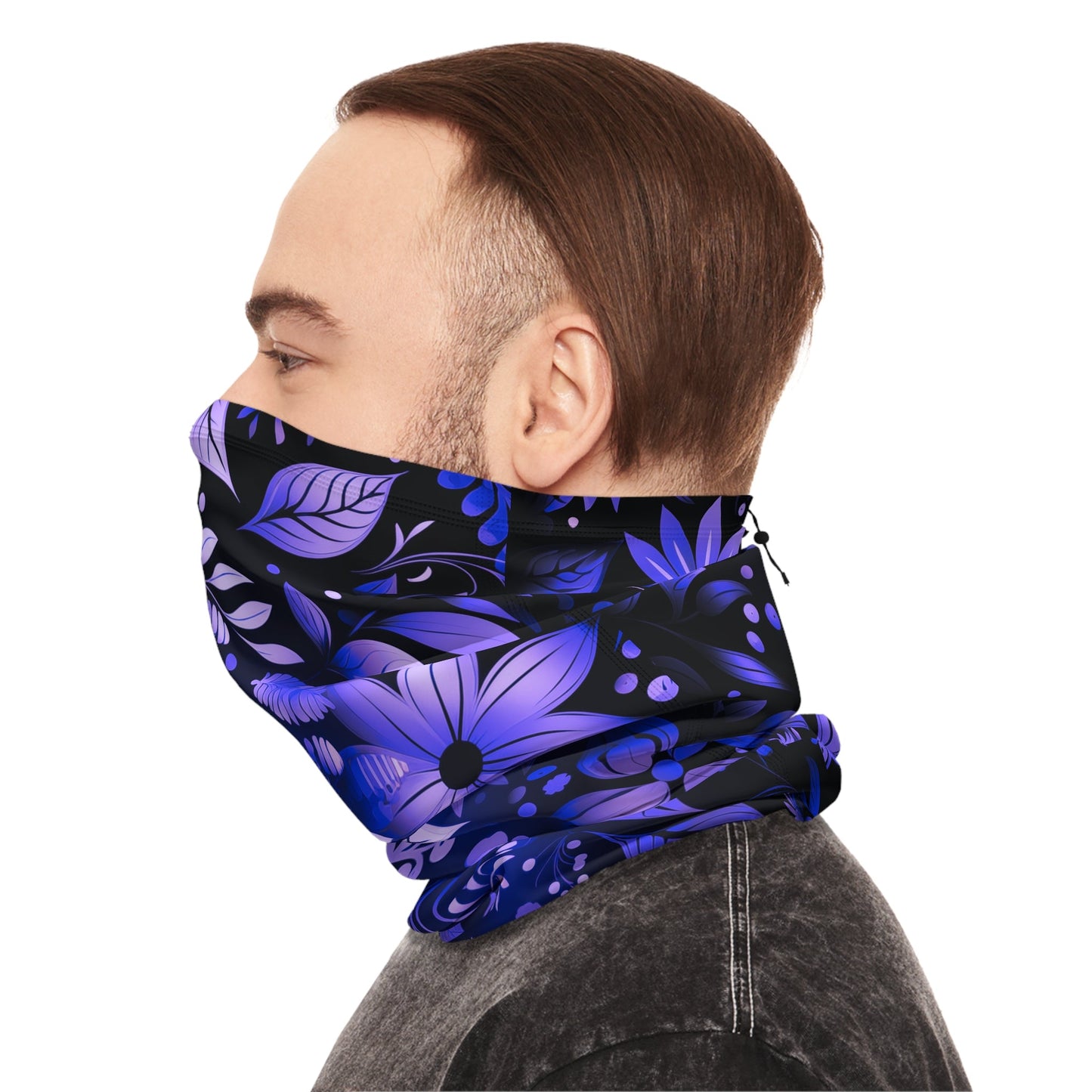 Purple Winter Neck Gaiter With Drawstring featuring unique purple floral design - Hobbster