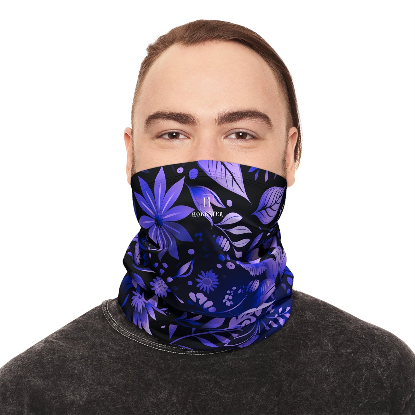 Purple Winter Neck Gaiter With Drawstring featuring unique purple floral design - Hobbster