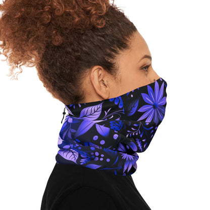 Purple Winter Neck Gaiter With Drawstring featuring unique purple floral design - Hobbster