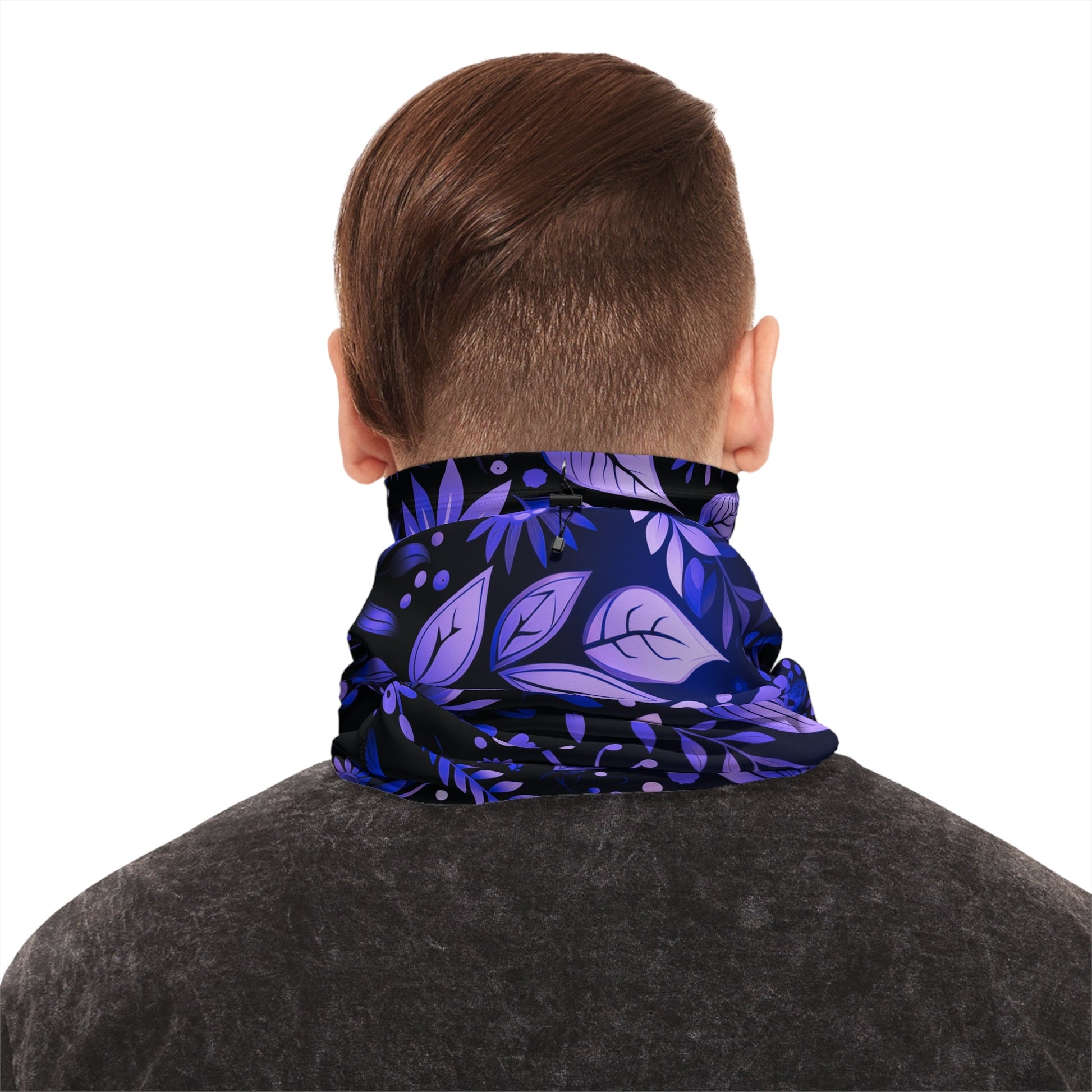 Purple Winter Neck Gaiter With Drawstring featuring unique purple floral design - Hobbster