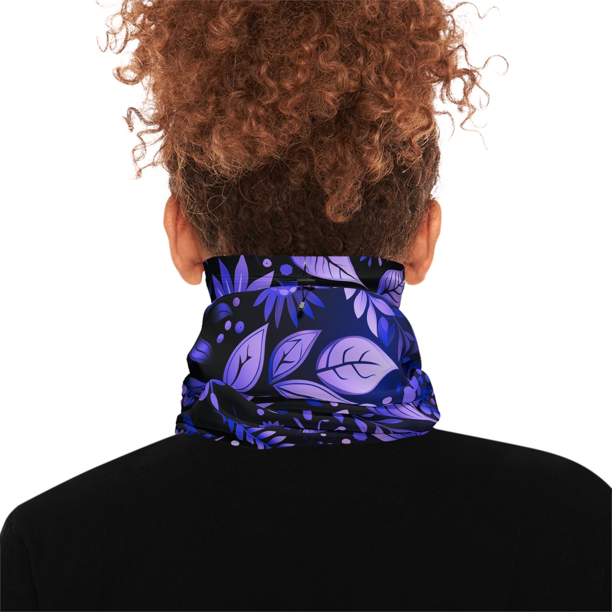 Purple Winter Neck Gaiter With Drawstring featuring unique purple floral design - Hobbster