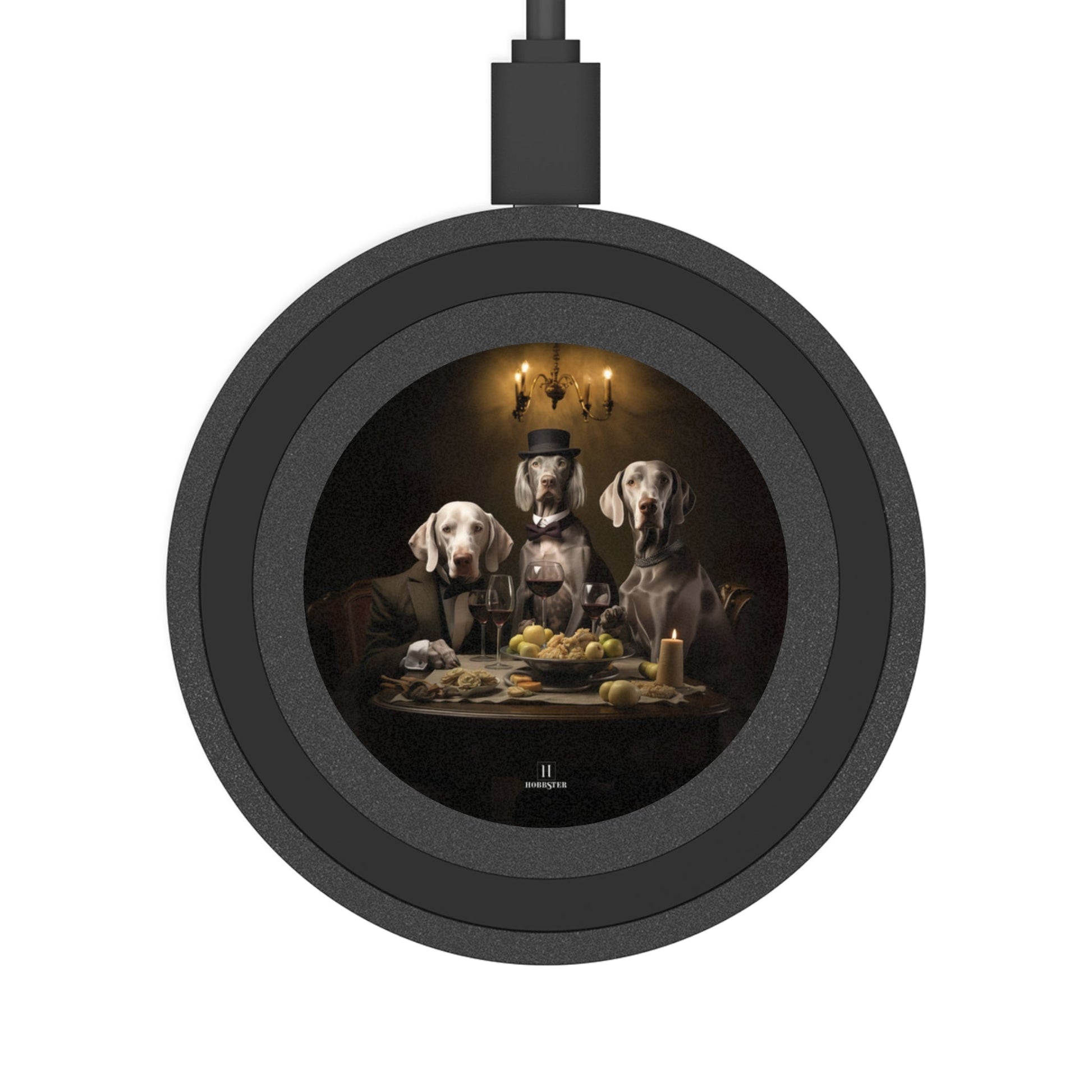 Quake Wireless 5W Charging Pad featuring a vintage Weimaraner dog design [2.7"w x 0.33"h] - Hobbster