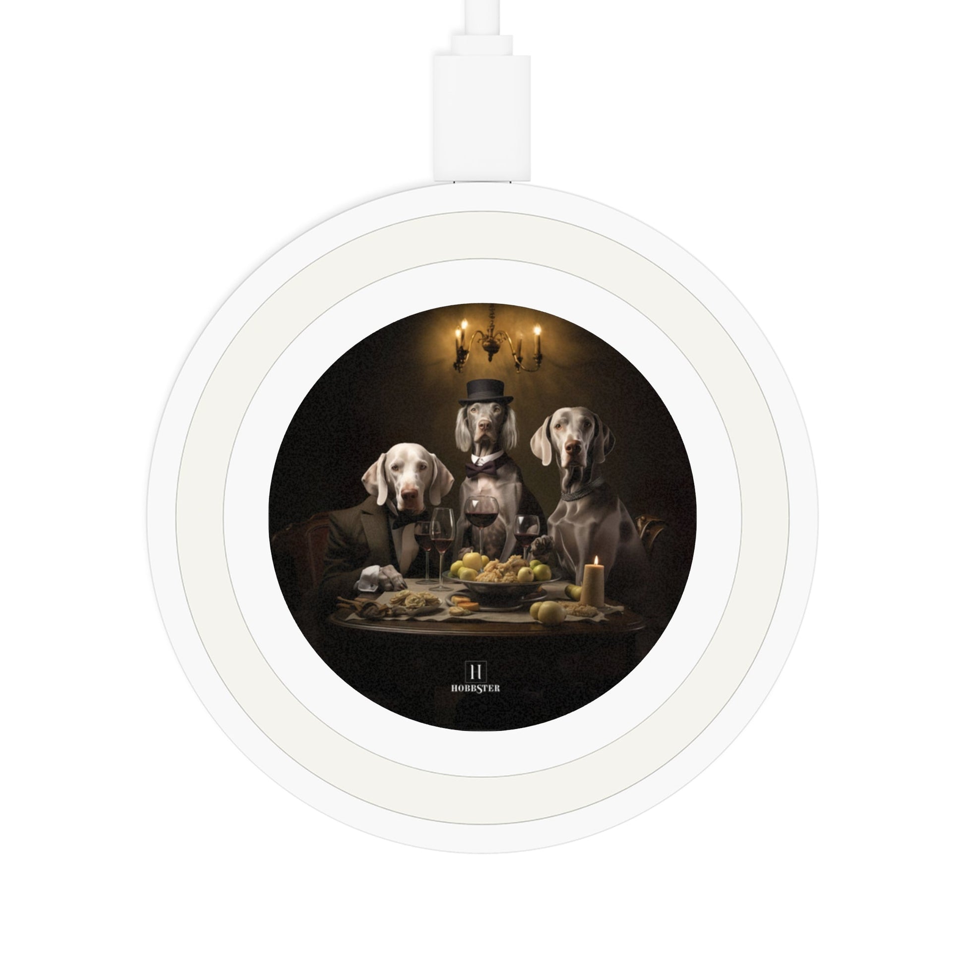 Quake Wireless 5W Charging Pad featuring a vintage Weimaraner dog design [2.7"w x 0.33"h] - Hobbster