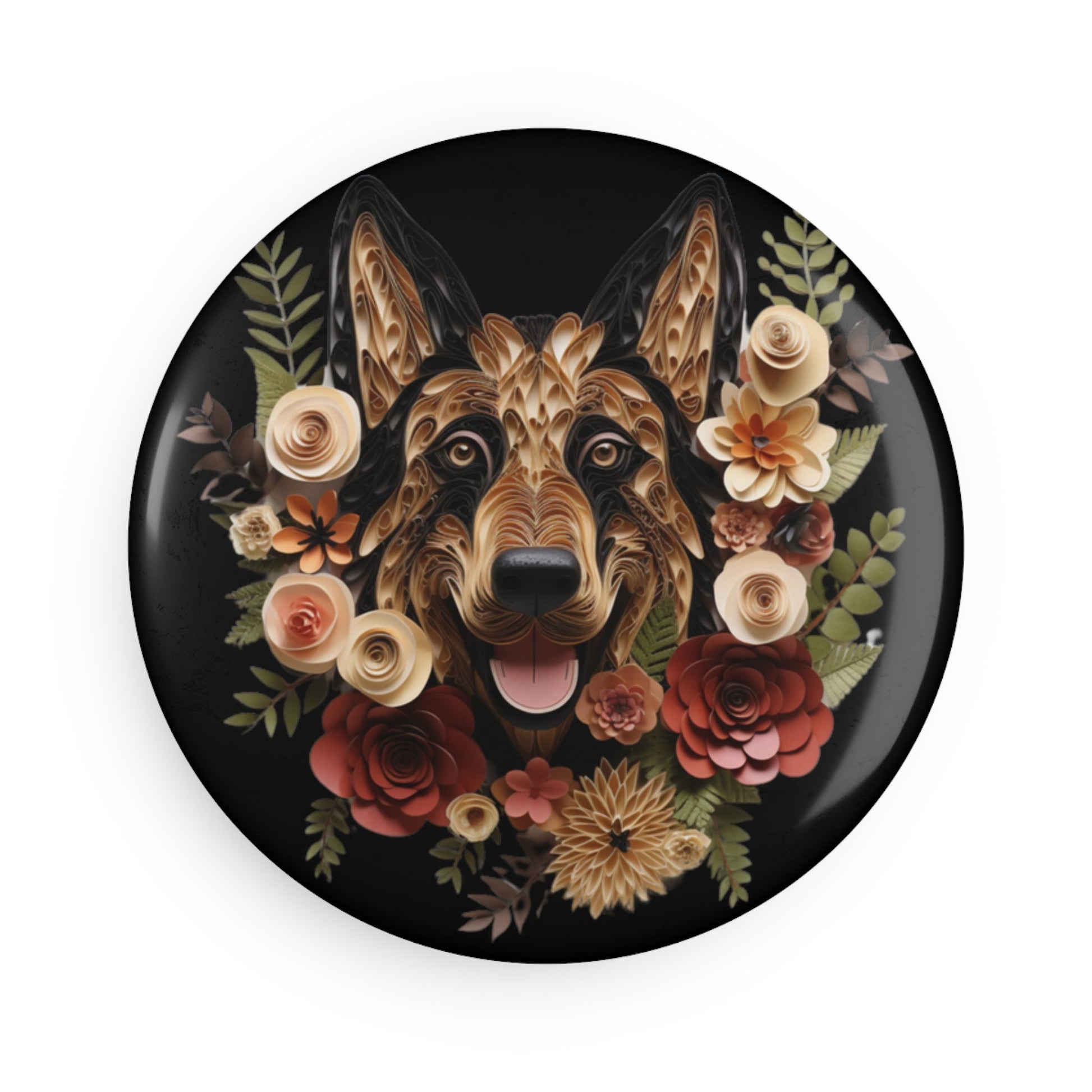 Round Button Fridge Magnet featuring a German Shepherd Paper Quilling Design [2.25"] - Hobbster