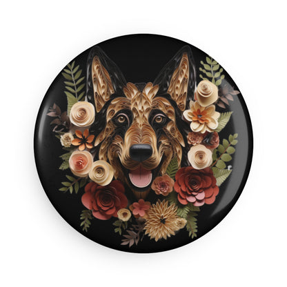 Round Button Fridge Magnet featuring a German Shepherd Paper Quilling Design [2.25"] - Hobbster