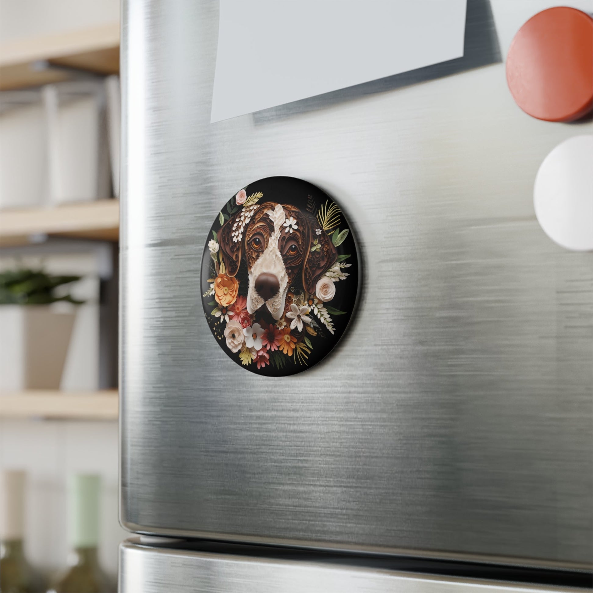 Round Button Fridge Magnet featuring a German Short Haired Pointer Paper Quilling Design [2.25"] - Hobbster