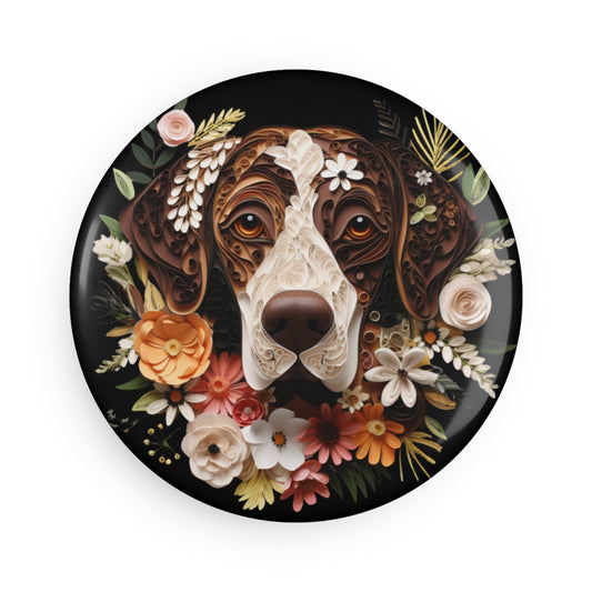 Round Button Fridge Magnet featuring a German Short Haired Pointer Paper Quilling Design [2.25"] - Hobbster