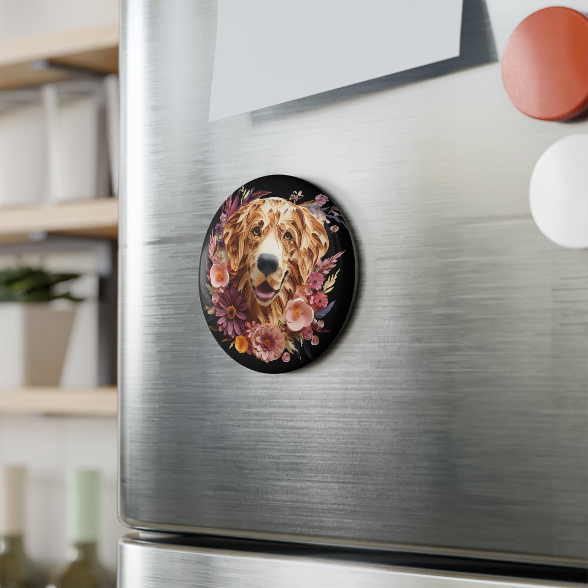 Round Button Fridge Magnet featuring a Golden Retriever Paper Quilling Design [2.25"] - Hobbster