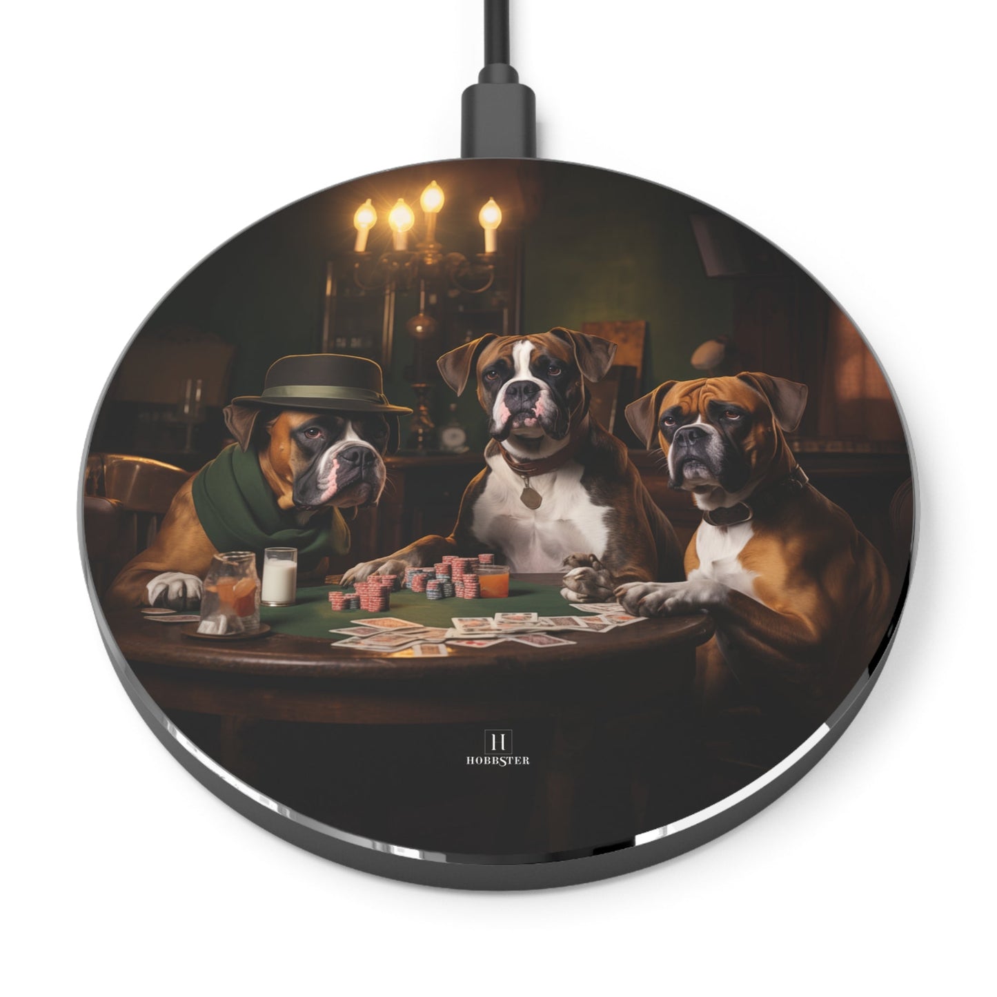Spoke Wireless 10W Charger featuring a vintage Boxer dog design [3.9" w x 0.3" h] - Hobbster
