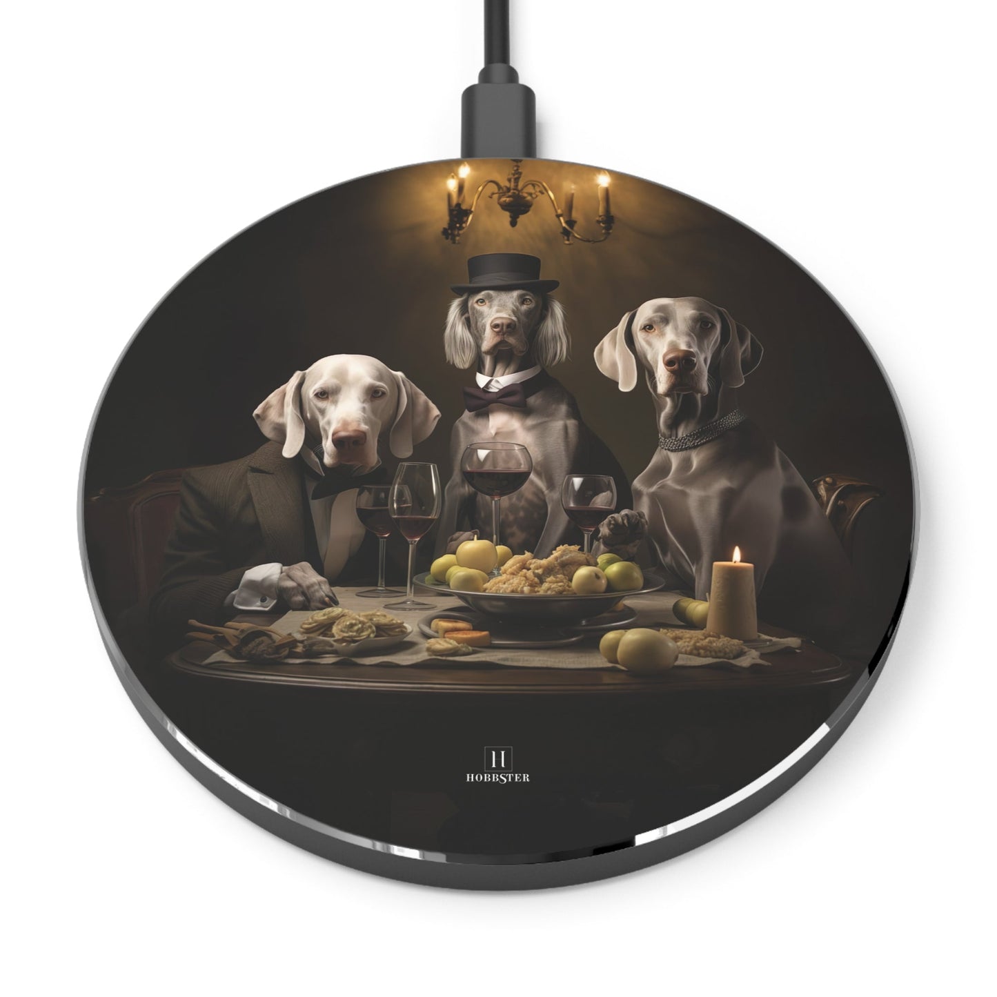 Spoke Wireless 10W Charger featuring a vintage Weimaraner design [3.93" w x 0.3" h] - Hobbster