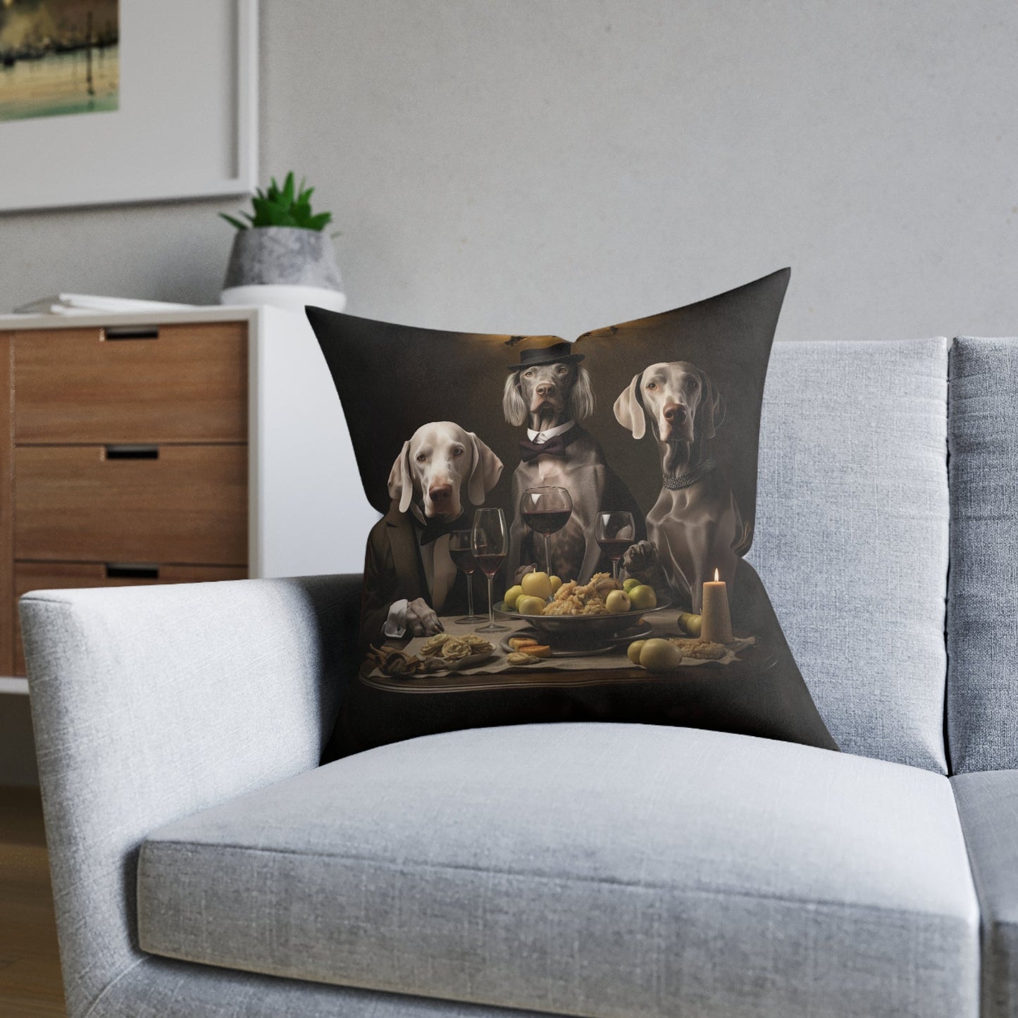 Square cushion with Weimaraners at Liquid Lunch Design - Hobbster