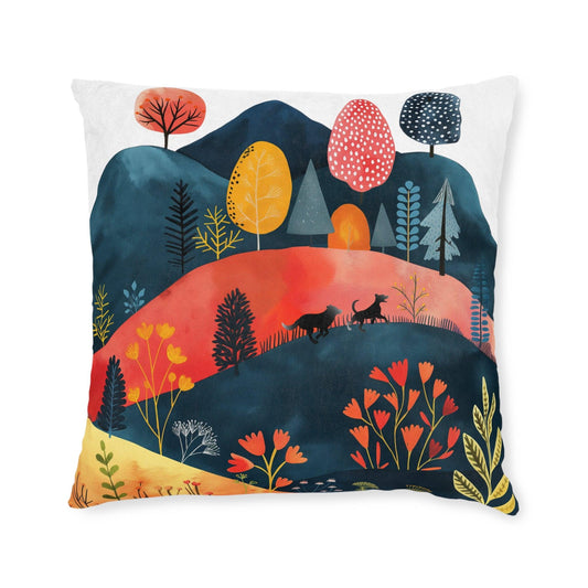 Square Pillow featuring Cottage Core Dogs Running Free Design - Hobbster
