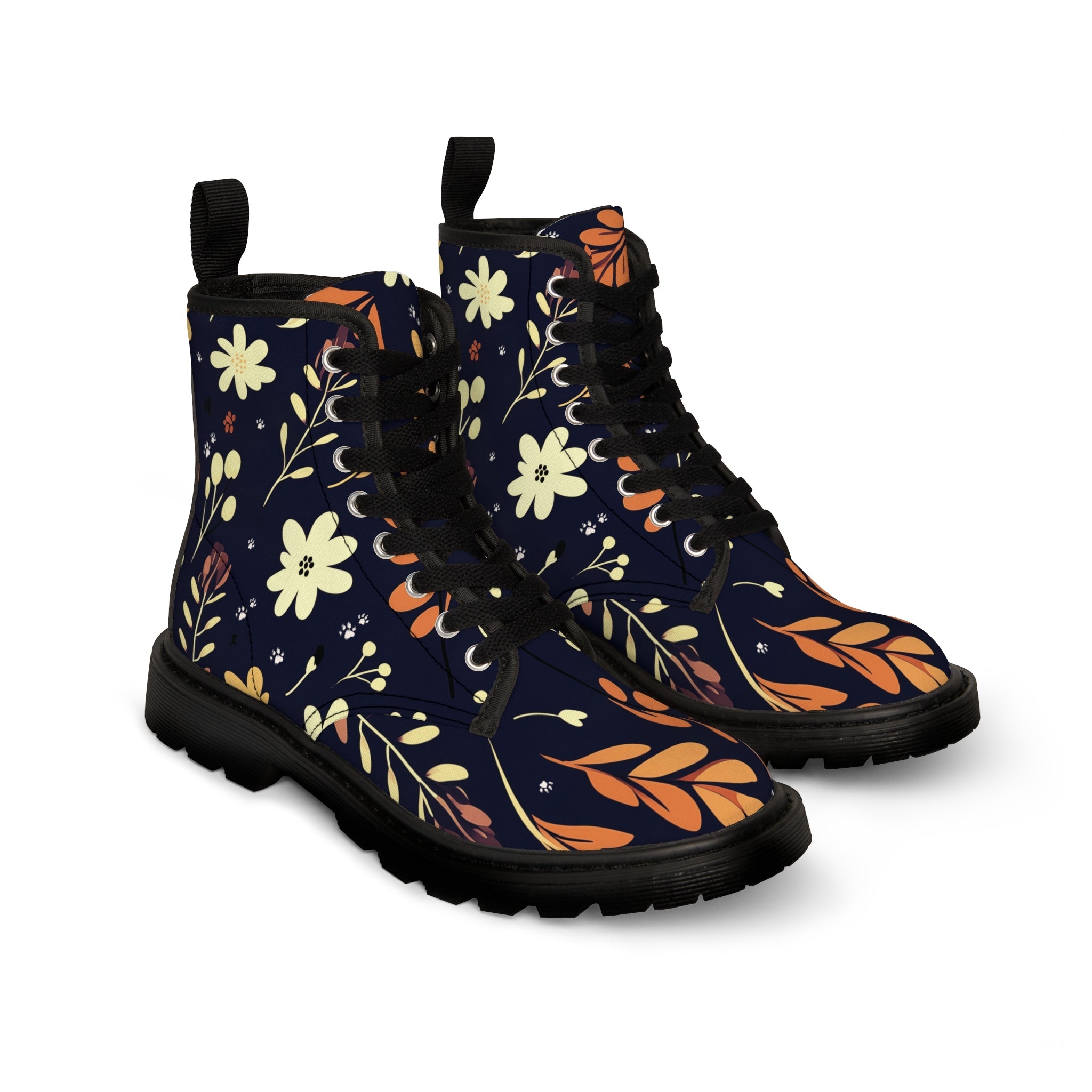 Women s Canvas Boots Featuring a Dark Blue Boho Flower and Paw Print Design