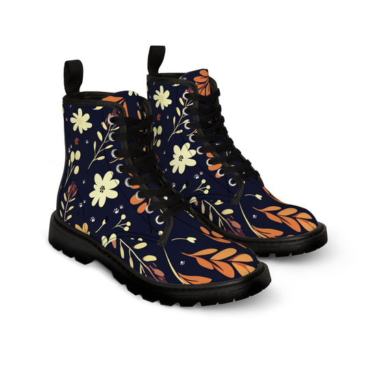 Women's Canvas Boots Featuring a Dark Blue Boho Flower and Paw Print Design - Hobbster