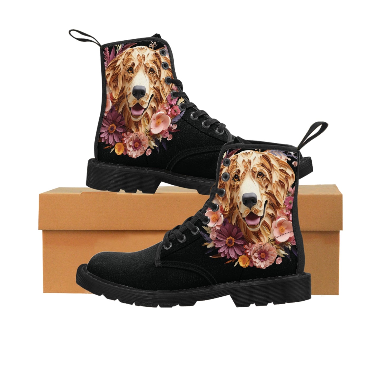 Women's Canvas Boots featuring a Golden Retriever Paper Quilled Effect Design - Hobbster