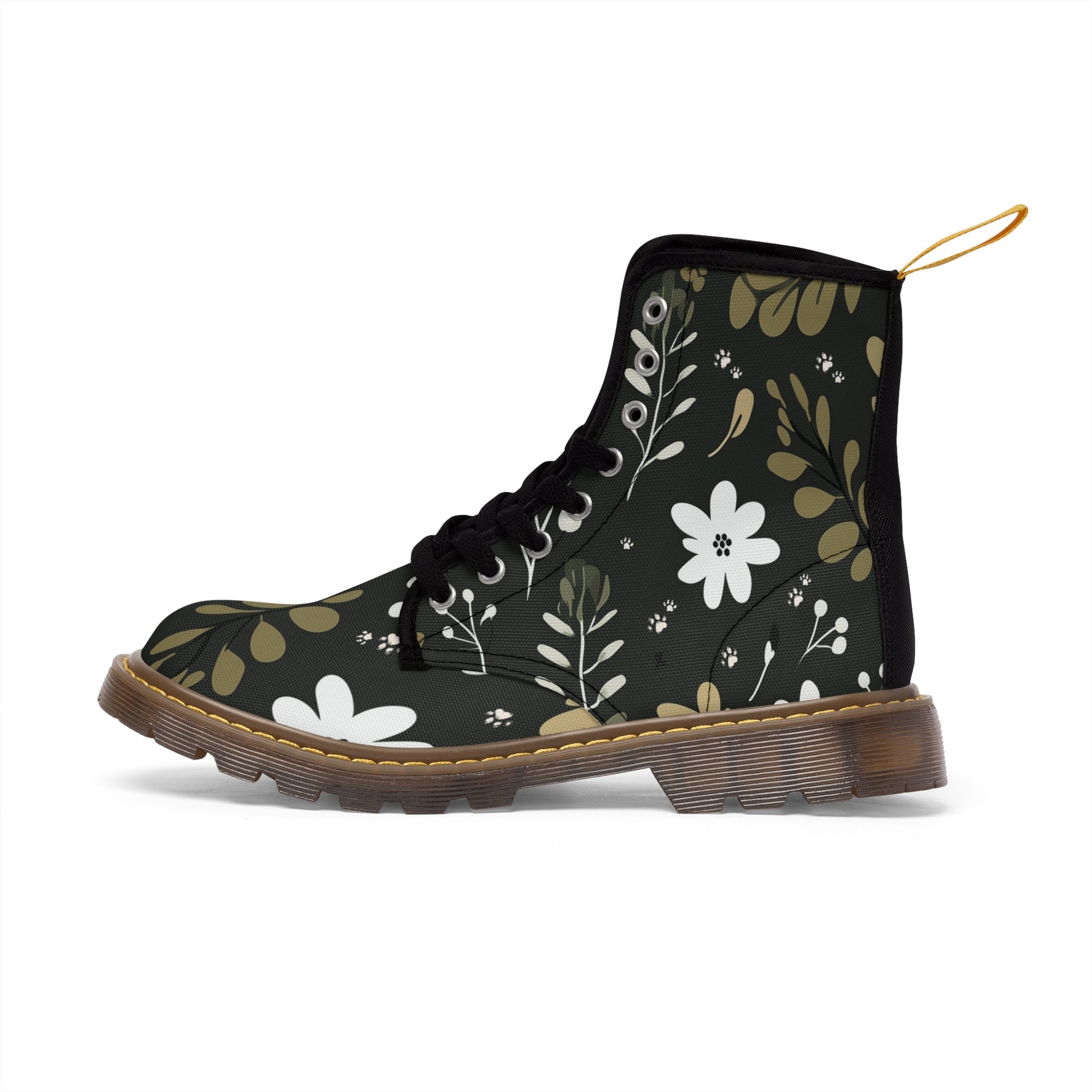 Women's Canvas Boots Featuring a Green Boho Flower and Paw Print Design - Hobbster