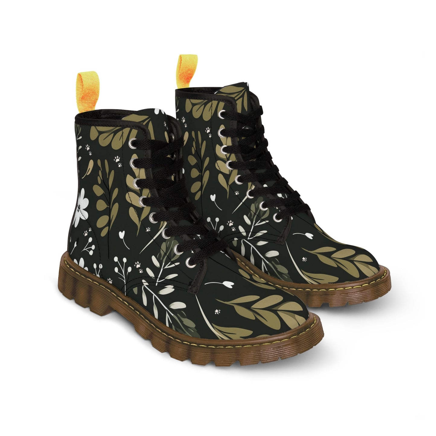 Women's Canvas Boots Featuring a Green Boho Flower and Paw Print Design - Hobbster