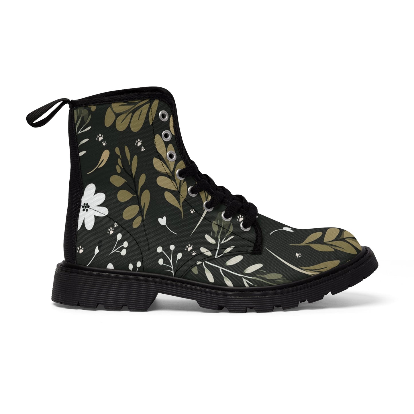Women's Canvas Boots Featuring a Green Boho Flower and Paw Print Design - Hobbster