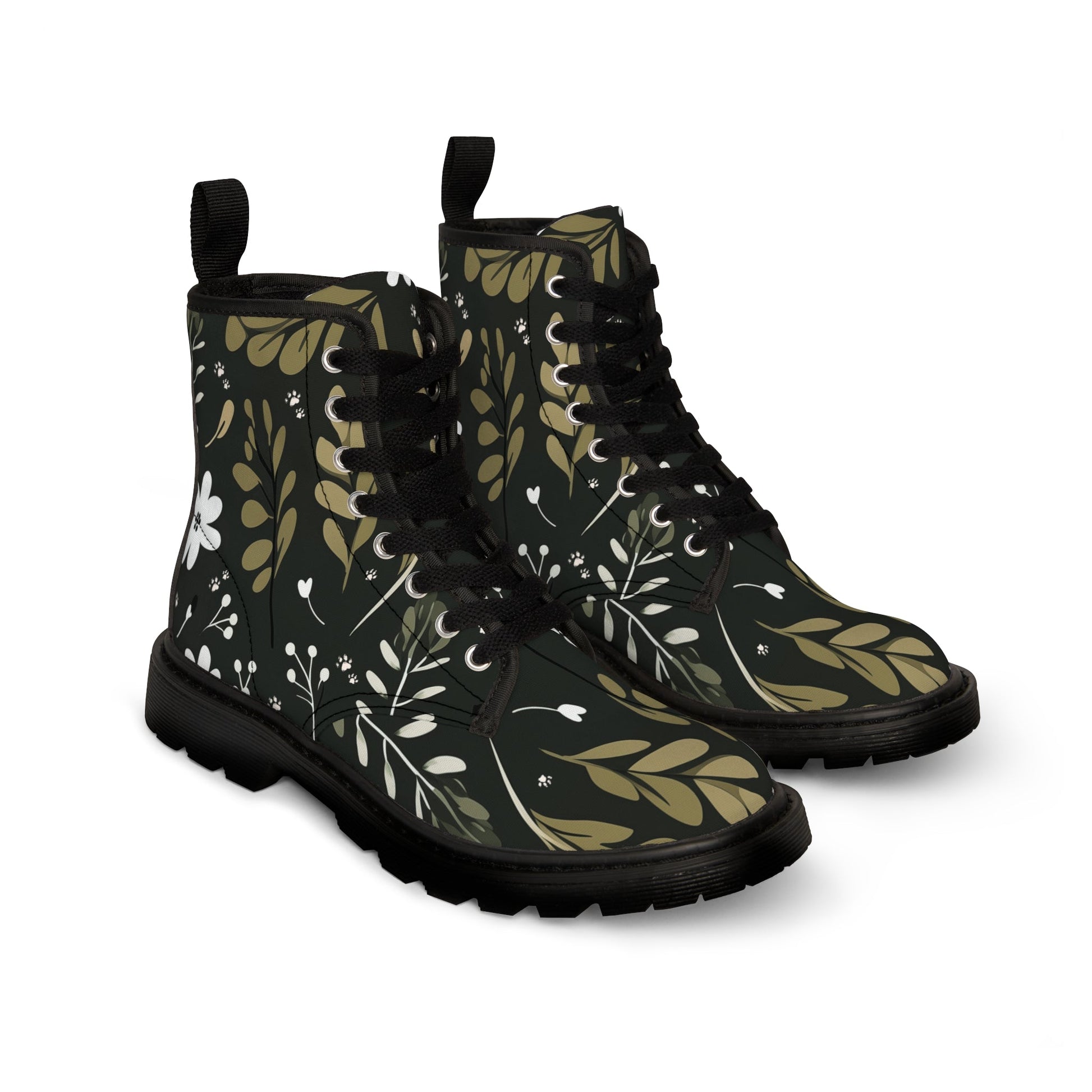 Women's Canvas Boots Featuring a Green Boho Flower and Paw Print Design - Hobbster