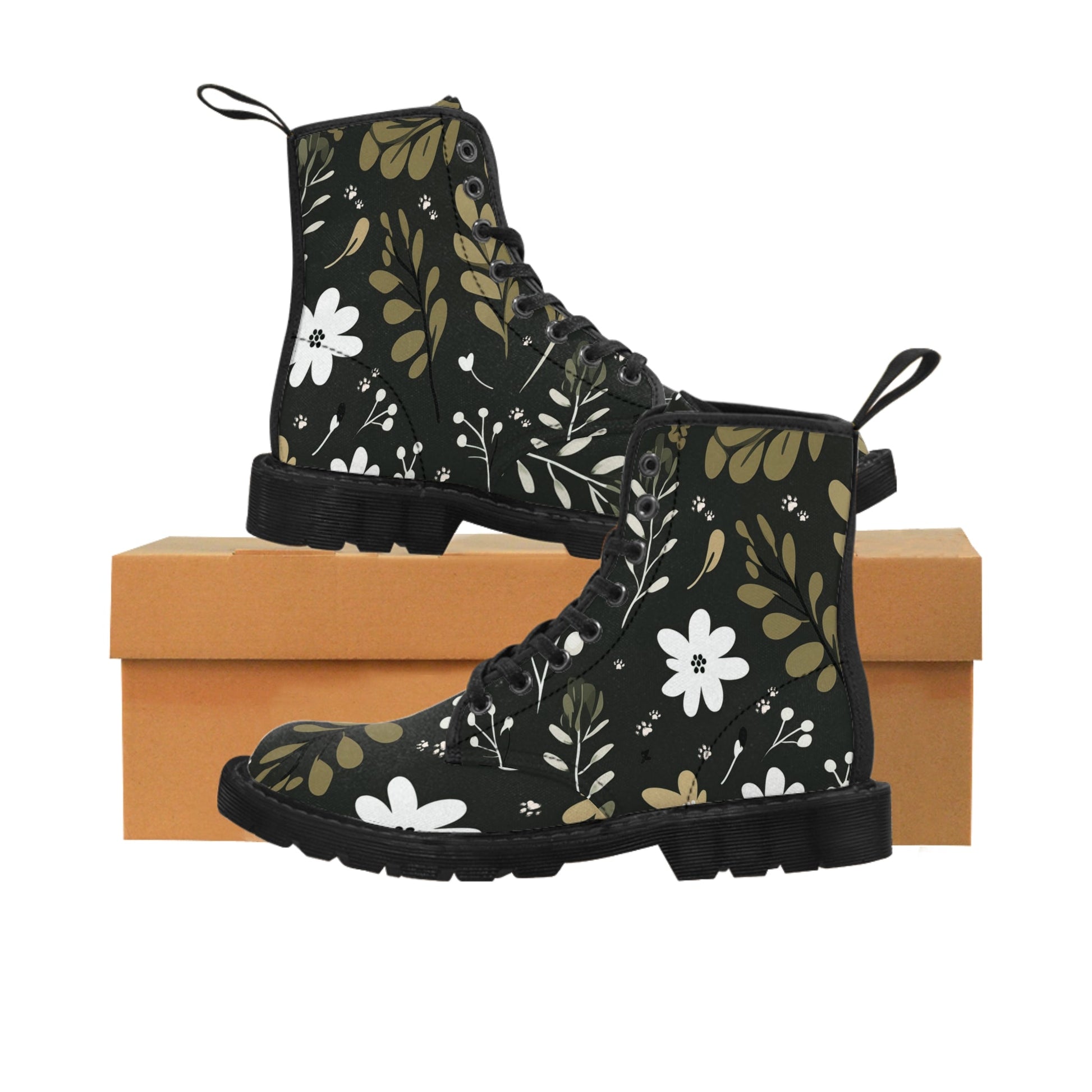 Women's Canvas Boots Featuring a Green Boho Flower and Paw Print Design - Hobbster