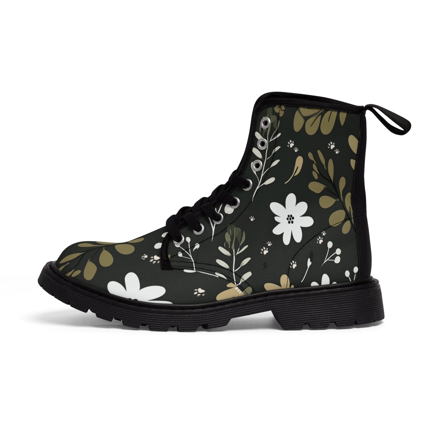 Women's Canvas Boots Featuring a Green Boho Flower and Paw Print Design - Hobbster