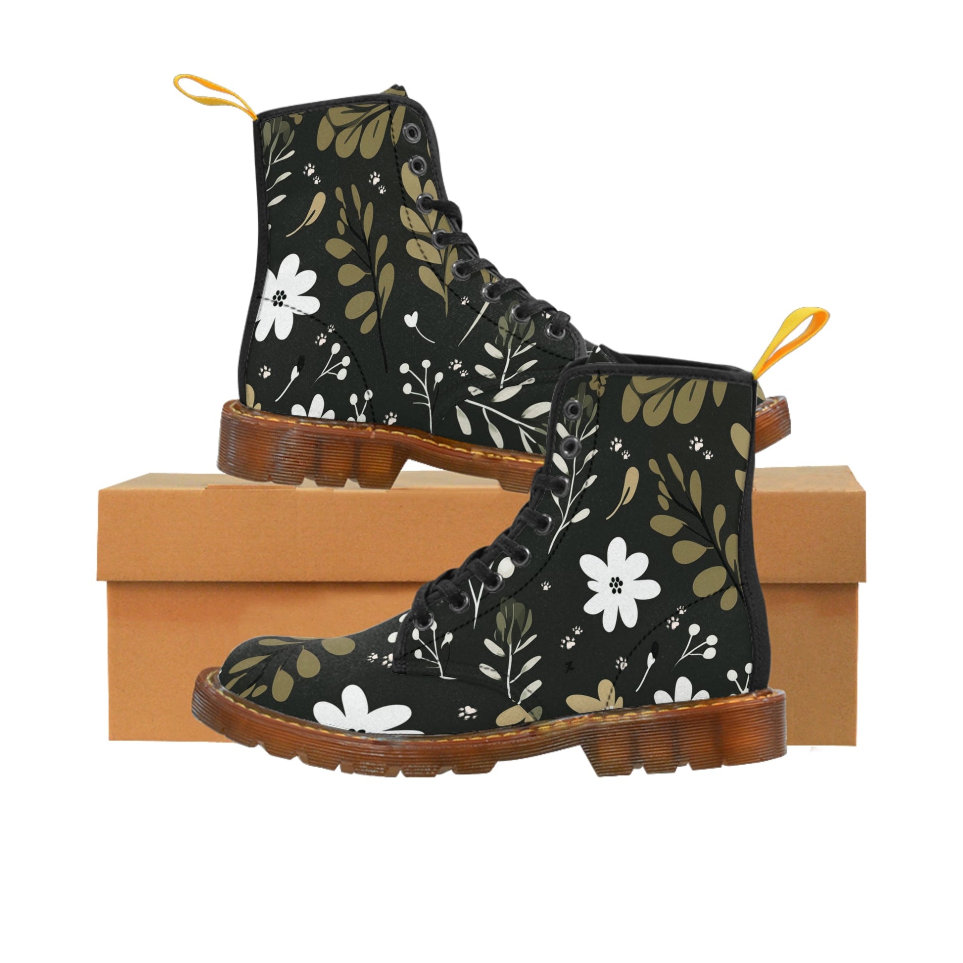 Women's Canvas Boots Featuring a Green Boho Flower and Paw Print Design - Hobbster