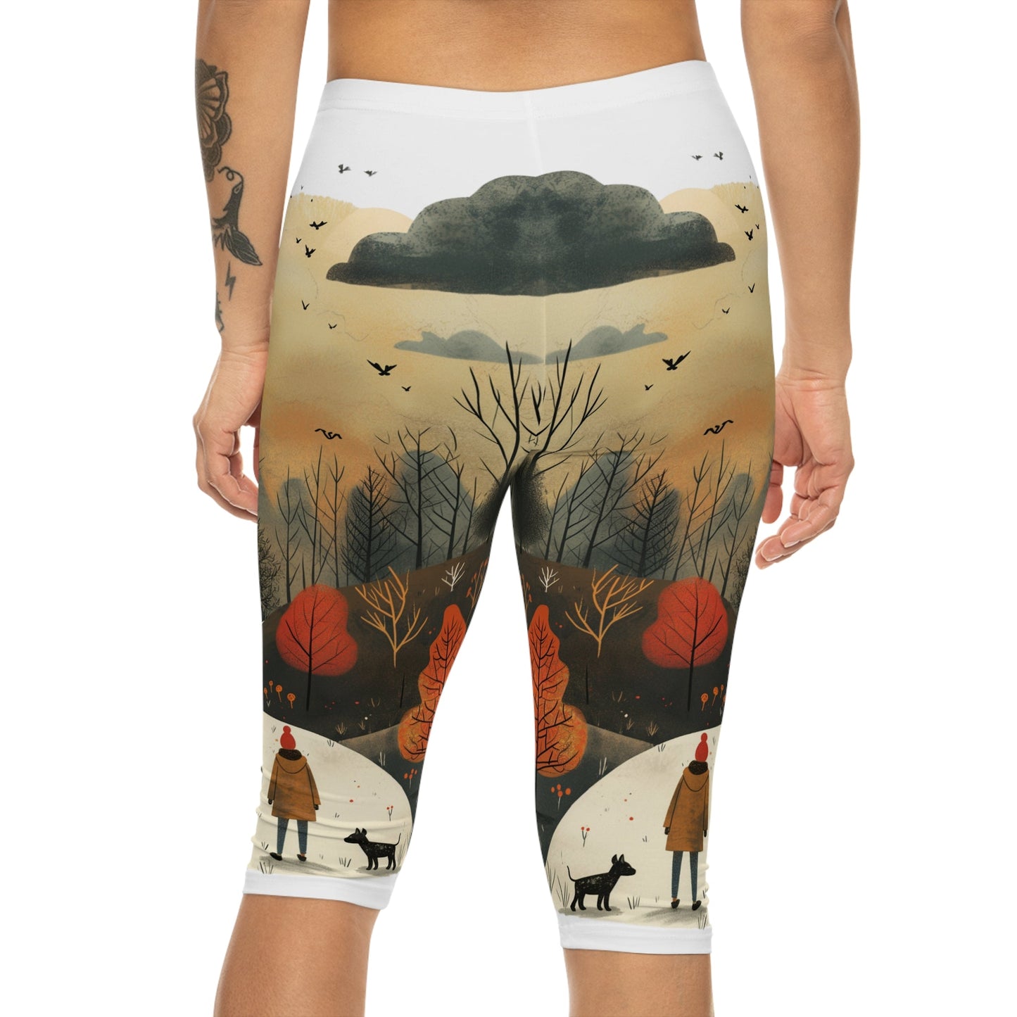 Women’s Capri Leggings with Cottage Core Dog Walking Design - Hobbster