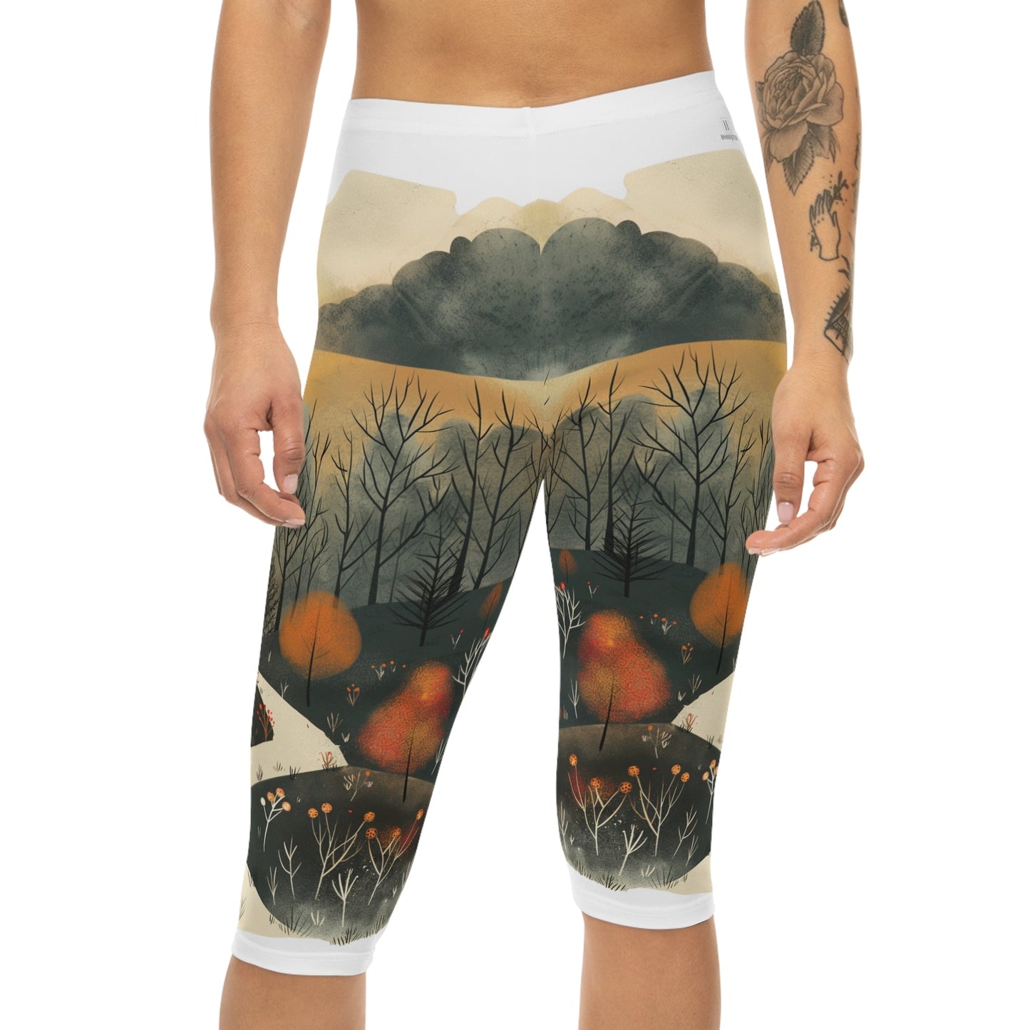 Women’s Capri Leggings with Cottage Core Dog Walking Design - Hobbster