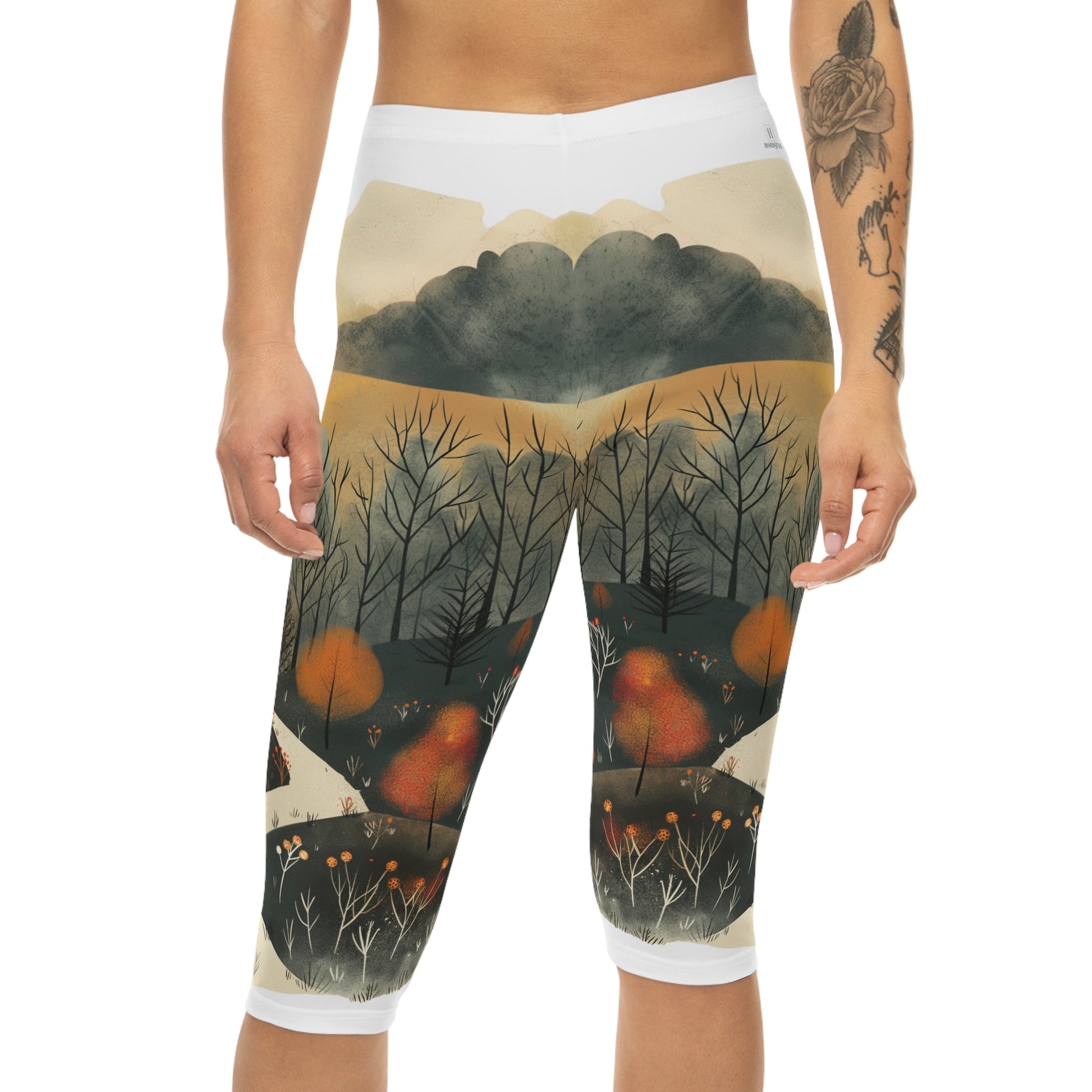 Women’s Capri Leggings with Cottage Core Dog Walking Design - Hobbster